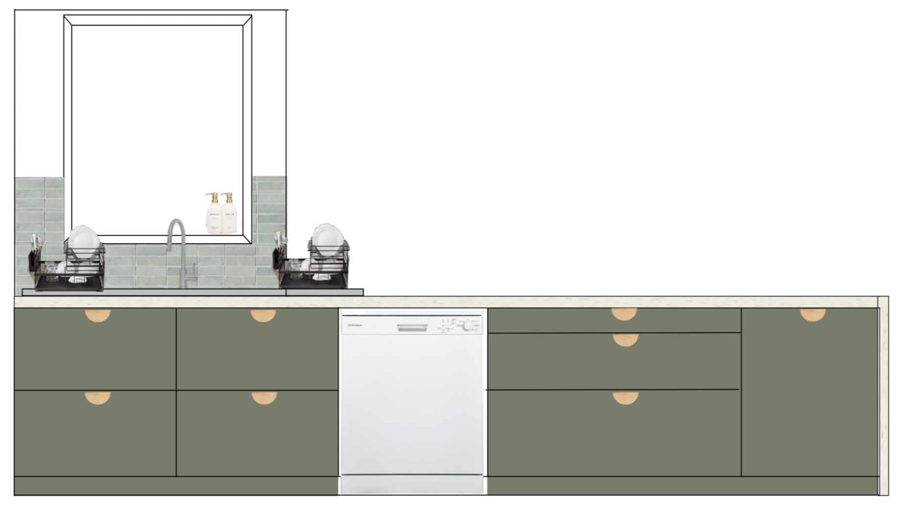 Kitchen lower cabinets with green drawers, a built-in dishwasher, a marble countertop, and a green tiled backsplash.