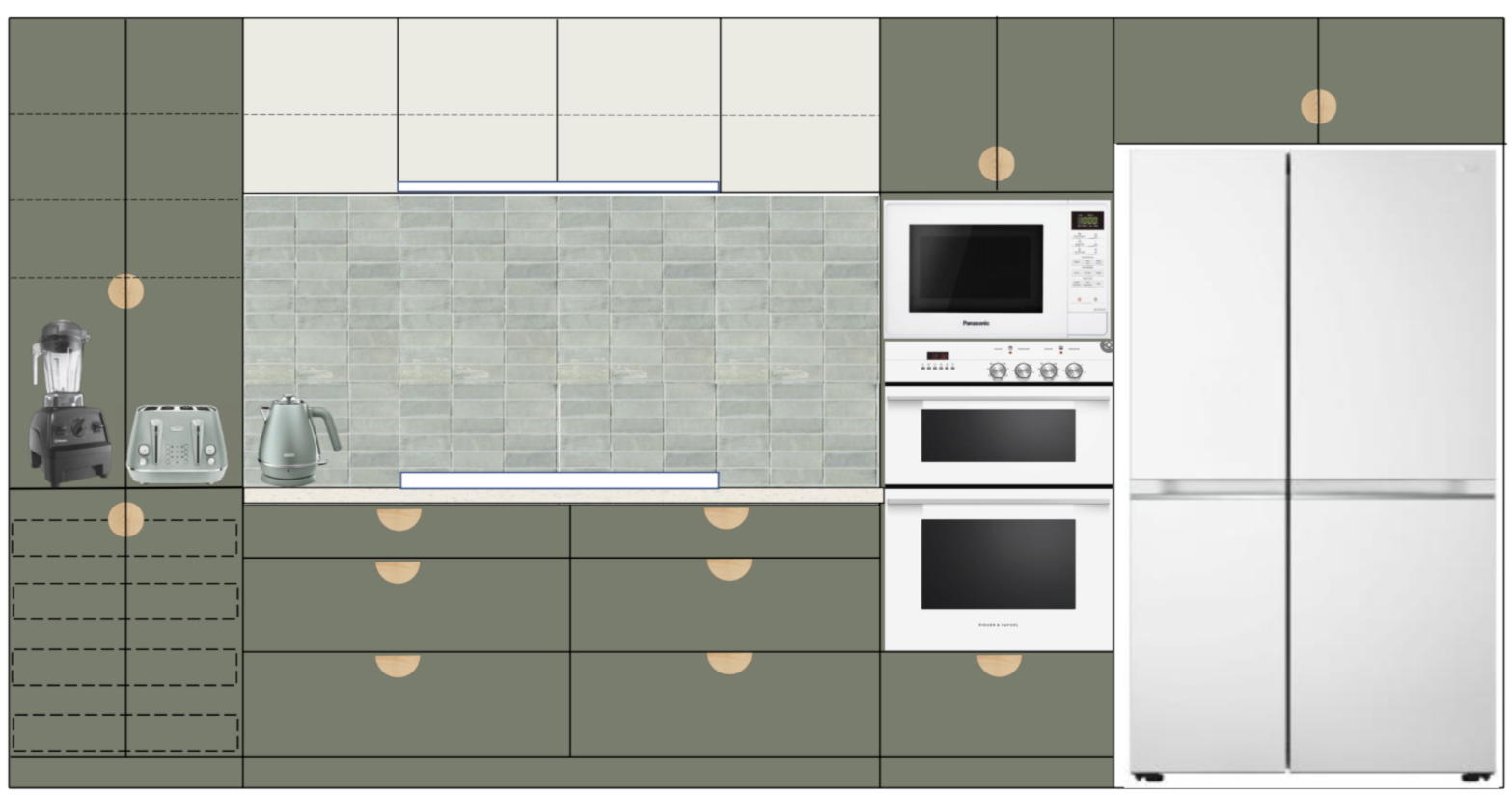 Kitchen layout with green and white cabinets, a tiled backsplash, stainless steel blender, toaster, electric kettle, stove with microwave oven, and large refrigerator.