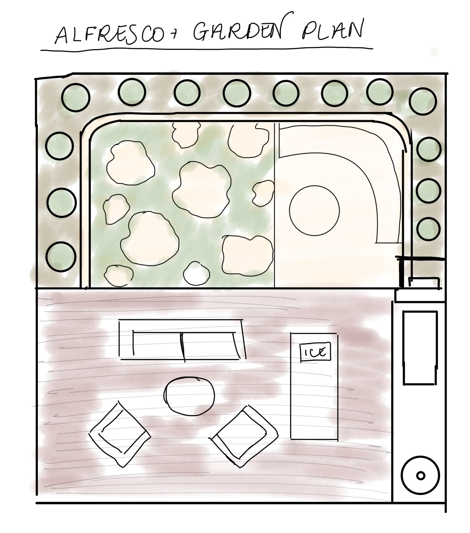 A hand-drawn plan of an outdoor space titled 'Alfresco + Garden Plan'. The plan includes a garden area with rocks or plants, a patio with two chairs, a table, and an ice cool box.