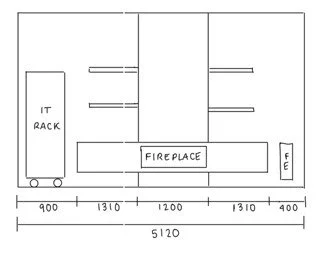 Diagram of a fireplace and an IT rack with measurements in millimeters.