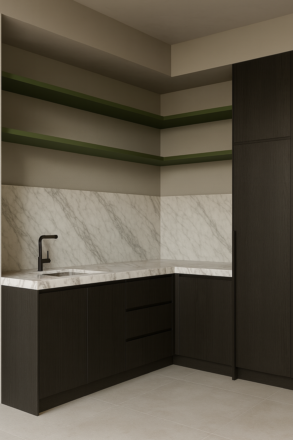 Modern kitchen with black cabinetry, marble countertops and backsplash, and green accent shelves on the wall.