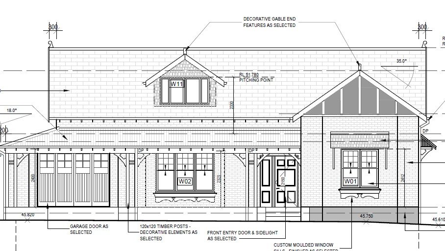 Architectural blueprint of a house exterior showing front door, windows, garage door, roofing details, and construction measurements.