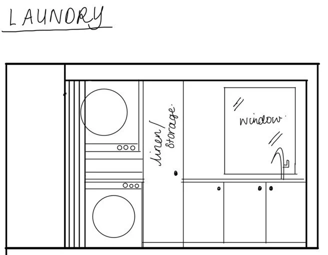 A hand-drawn floor plan of a laundry room showing washing machine, dryer, storage cabinet, and window.