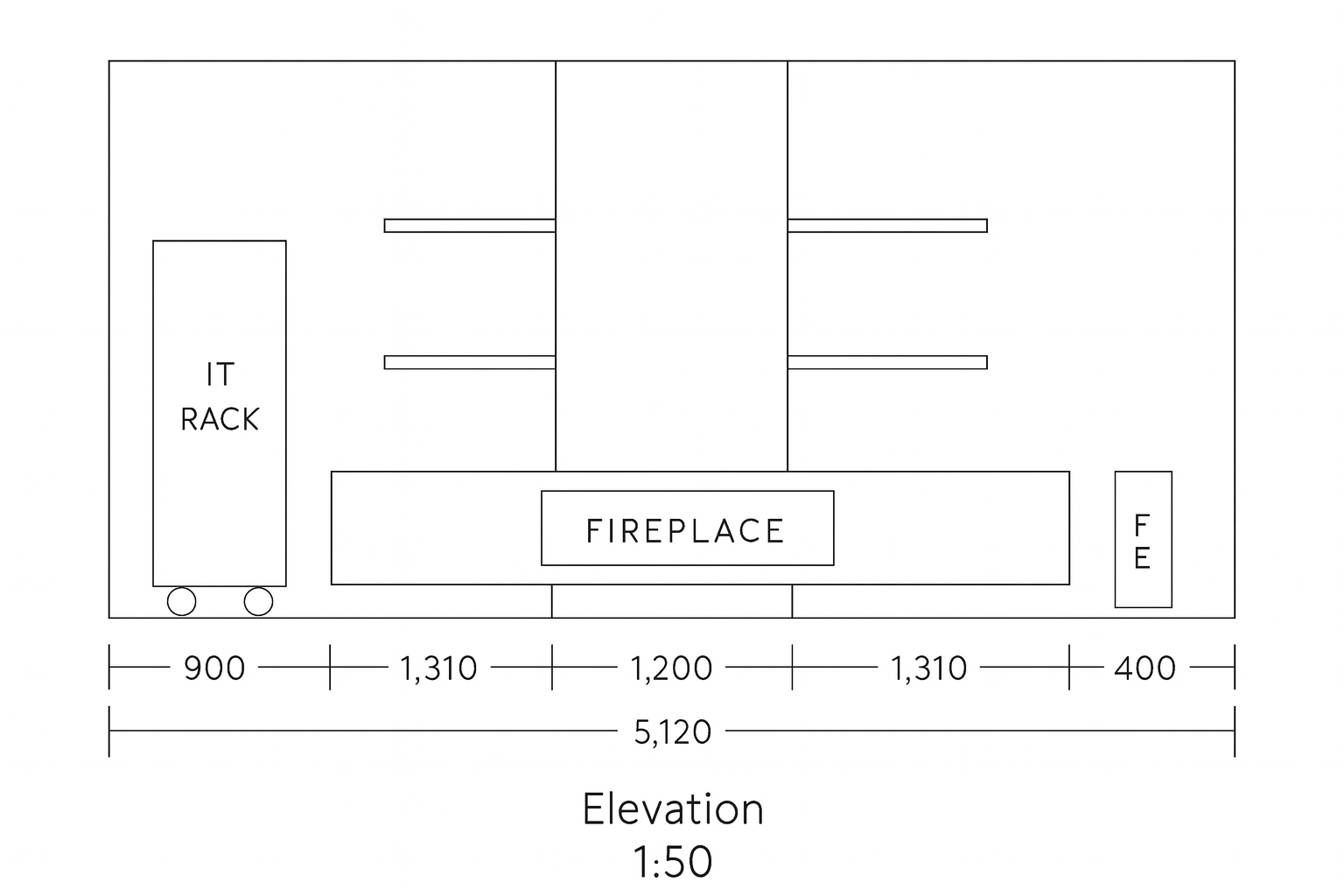 A technical elevation drawing of a fireplace and surrounding furniture, including an IT rack on wheels to the left and an electrical box labeled "F E" to the right, with labeled dimensions at the bottom.