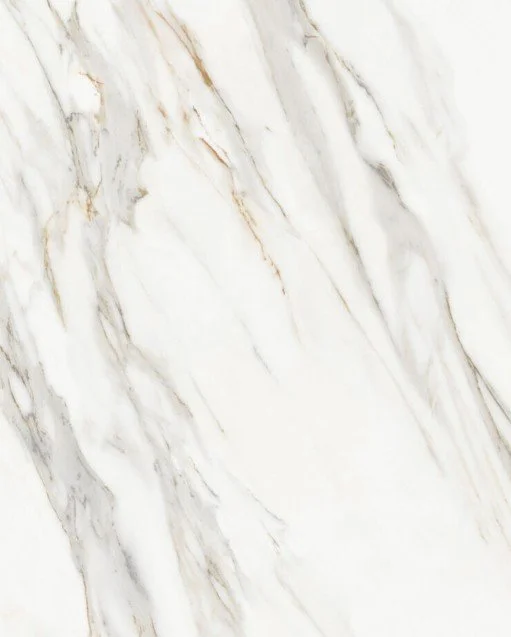 Close-up of a white marble surface with gray and gold veins.