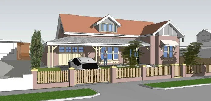 Digital illustration of a two-story house with a front porch, a car parked in the driveway, and a person standing near the entrance, surrounded by a wooden fence and trees.