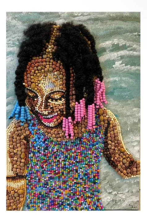 Amaya (2023)
36” x 48”
Acrylic Paint, Plastic Beads, Wooden Beads, hair
Crowns & Ornaments Collection