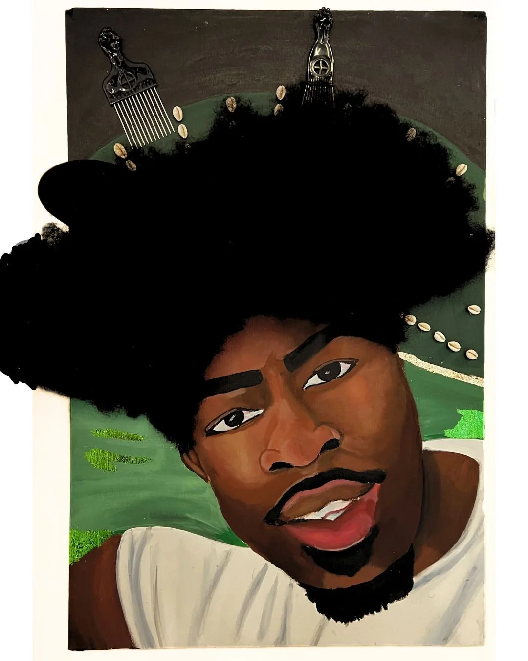 A King with his Crown (2023)
36” x 48”
Acrylic Paint, Synthetic Hair, Combs, Hair Sponge, Goldleaf
Crowns & Ornaments Collection