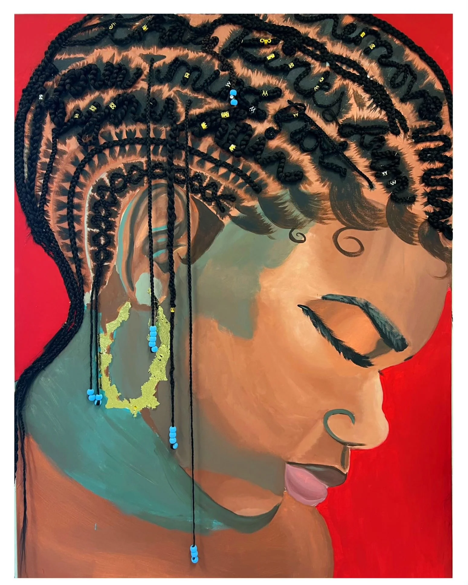 Don’t Remove the Kinks from Your Mind Not From Your Hair
36” x 48”
Acrylic Paint, Synthetic Hair, Beads, Goldleaf
Crowns & Ornaments Collection