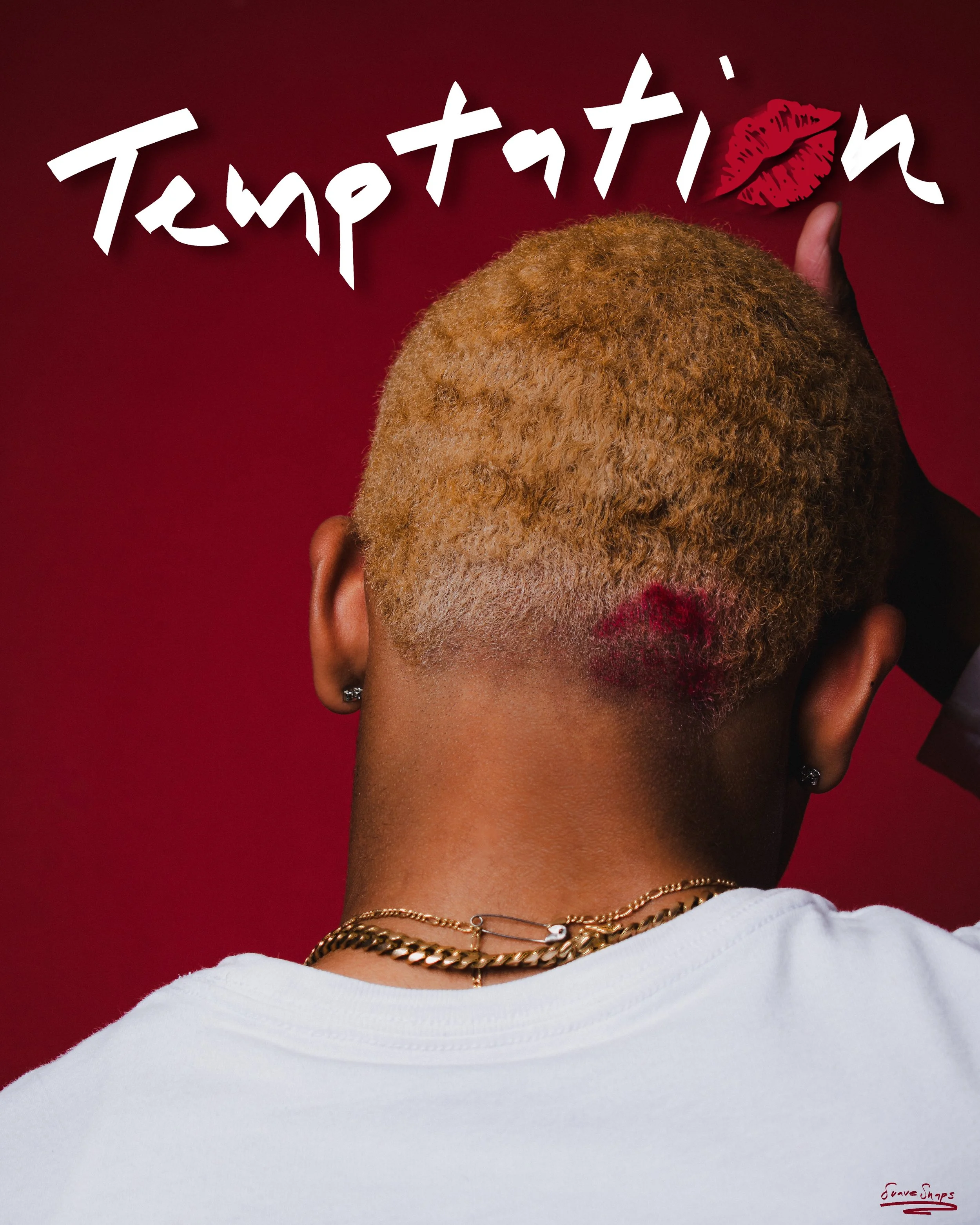Back of a person's head with short, blonde hair, revealing two red lipstick kiss marks on the neck and a white shirt. The background is dark red, with the word 'Temptation' written in a stylized white font at the top, and a red lipstick kiss mark next to it.