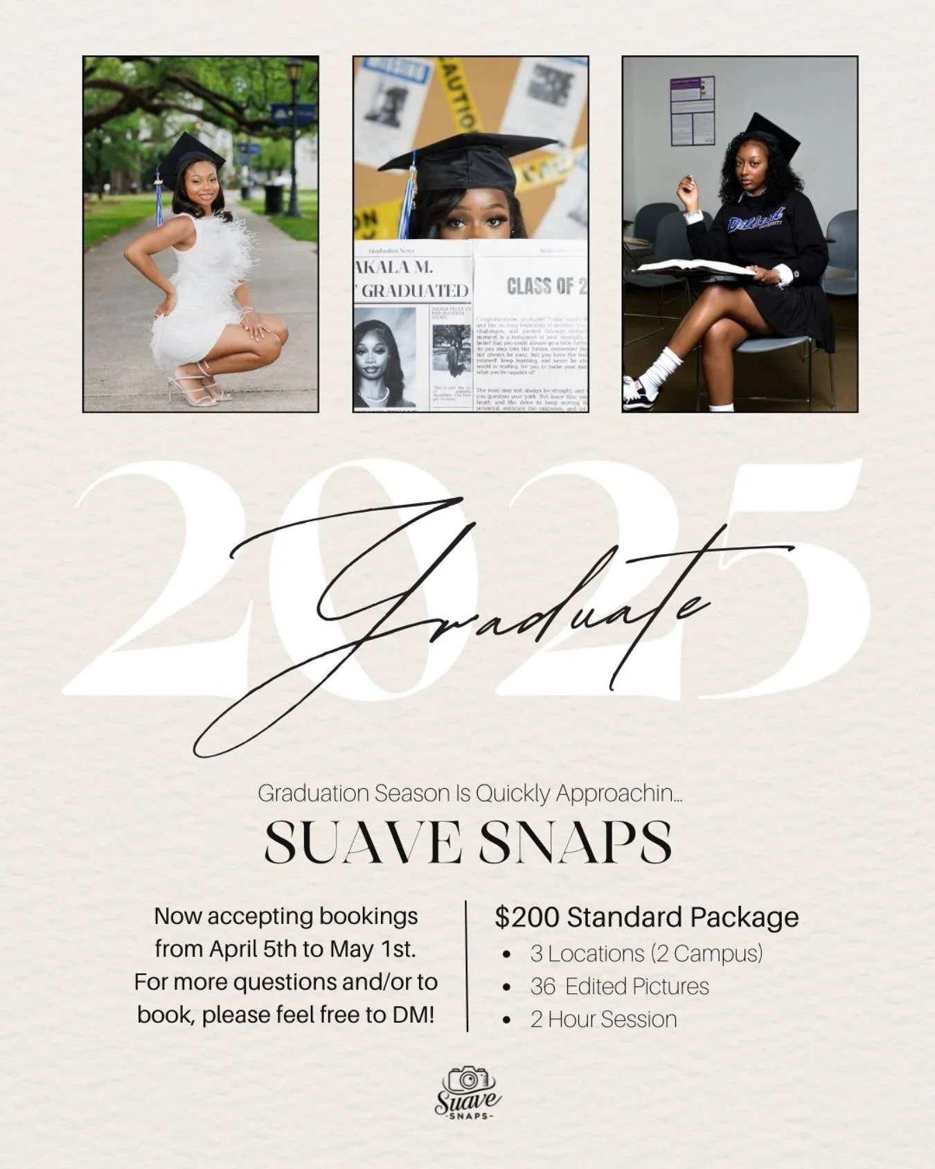 Graduation season is here, and it&rsquo;s time to celebrate your journey! ✨🎓

Suave Snaps is now accepting bookings for graduation photo sessions from April 5th to May 1st. Capture your milestone with high-quality, creative shots that showcase your 