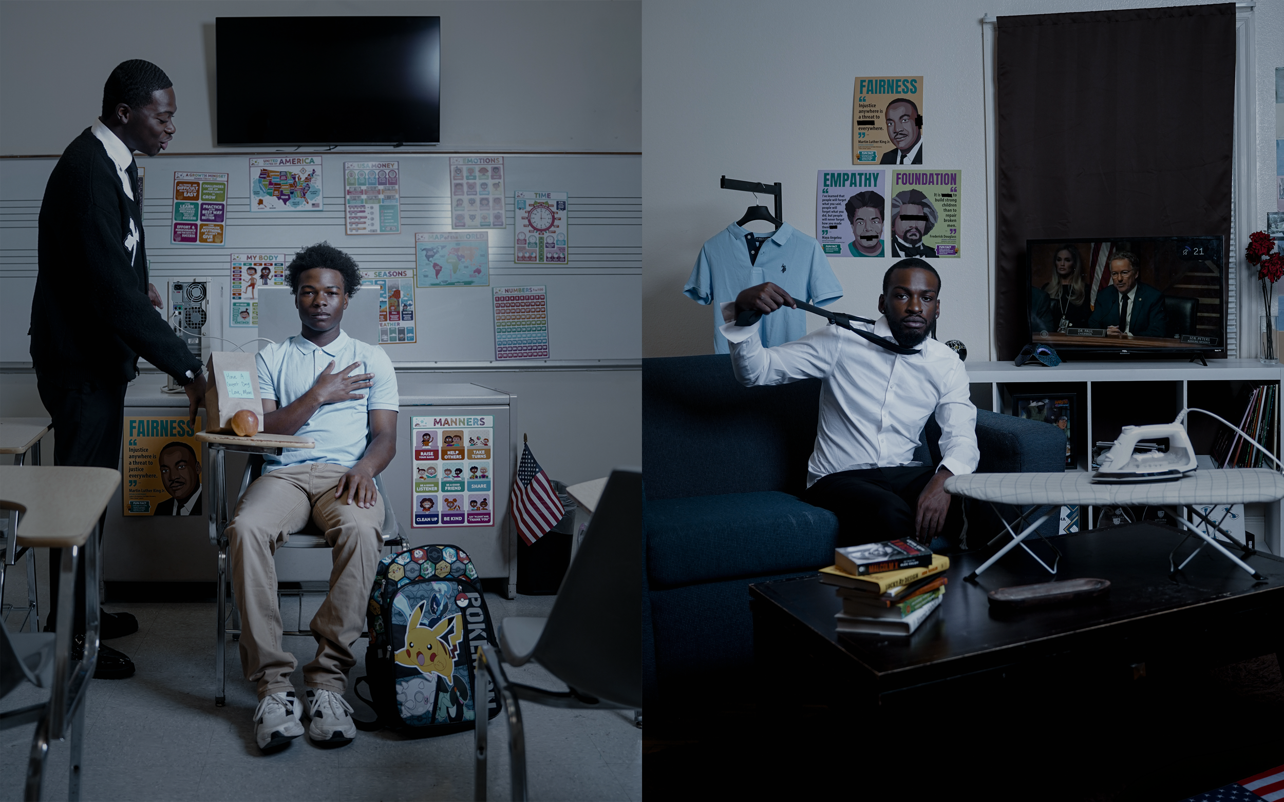 Two classroom scenes showing African American students and adults. In the left scene, a young male student in a white shirt is seated at a desk with a backpack on the floor, while a man in a dark sweater stands beside him, touching the student's chest. Behind them are educational posters about America and emotions on the wall. In the right scene, a young male student in a white shirt sits on a chair, holding a strap, with posters about fairness and empathy on the wall behind him. A man in a white shirt sits on a couch, and there is a TV displaying a courtroom scene, alongside books, a model airplane, and other items on a table.