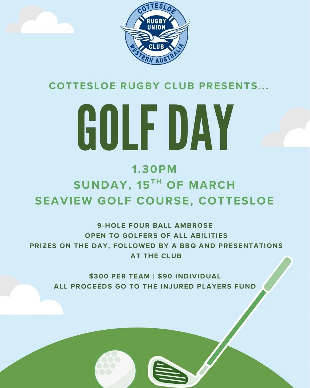 ⛳️ GOLF DAY⛳️
Join us for an afternoon on the green at Seaview Golf Course!

📅 Sunday 15th March
🕜 1:30pm
📍 Seaview Golf Course, Cottesloe
🏌️&zwj;♂️ 9-hole four ball ambrose
🙌 Open to golfers of all abilities
🍔 Prizes on the day, followed by a 