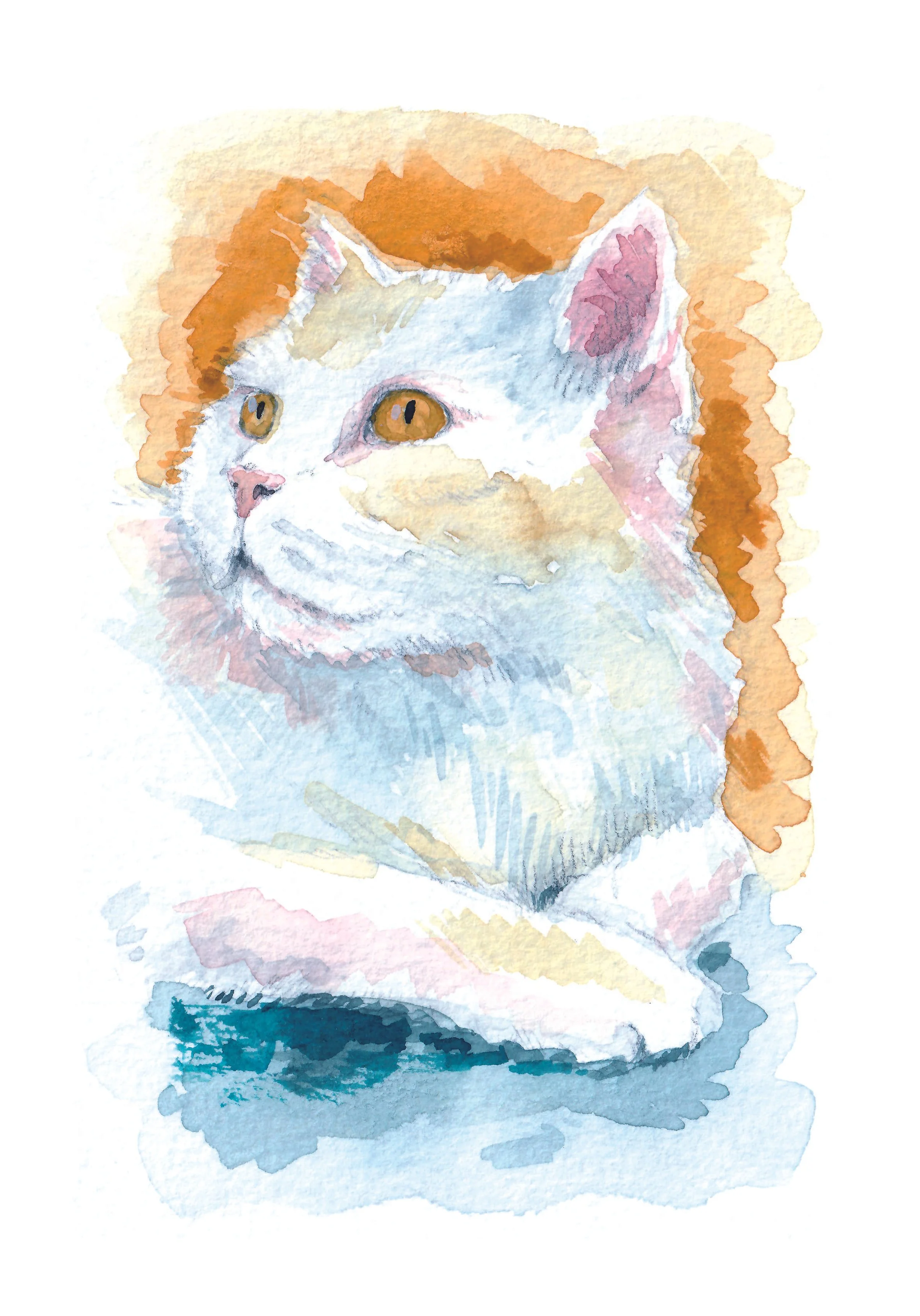 Aquarell-Porträt einer sitzenden, mehrfarbigen Katze mit orangefarbenen Augen – Beispiel für Tierporträt im Aquarellkurs.