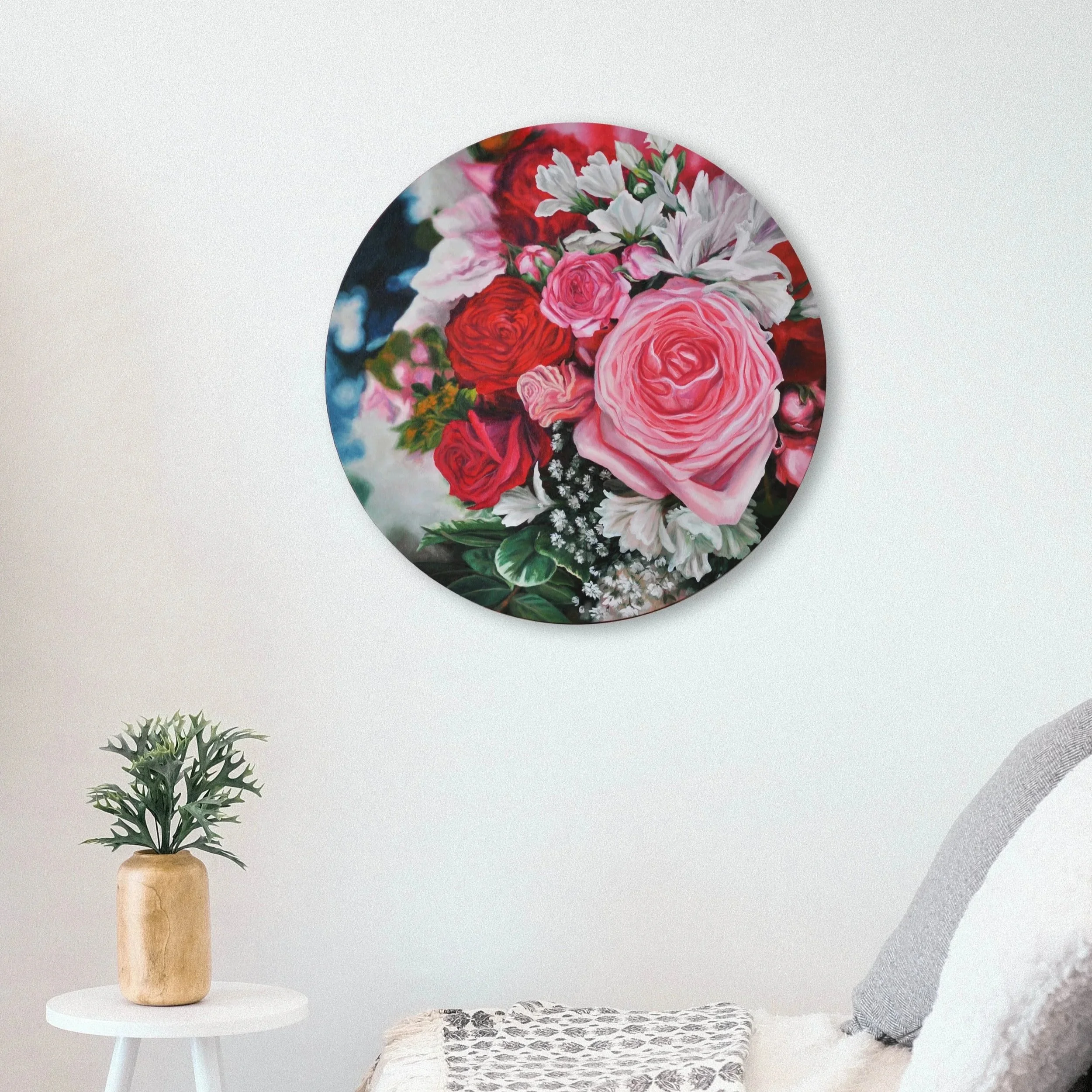 Brautstraußgemälde in Öl: rosa Rosen, rote Rosen und weiße Blüten – handgemalte Hochzeitserinnerung in modernem Ambiente
