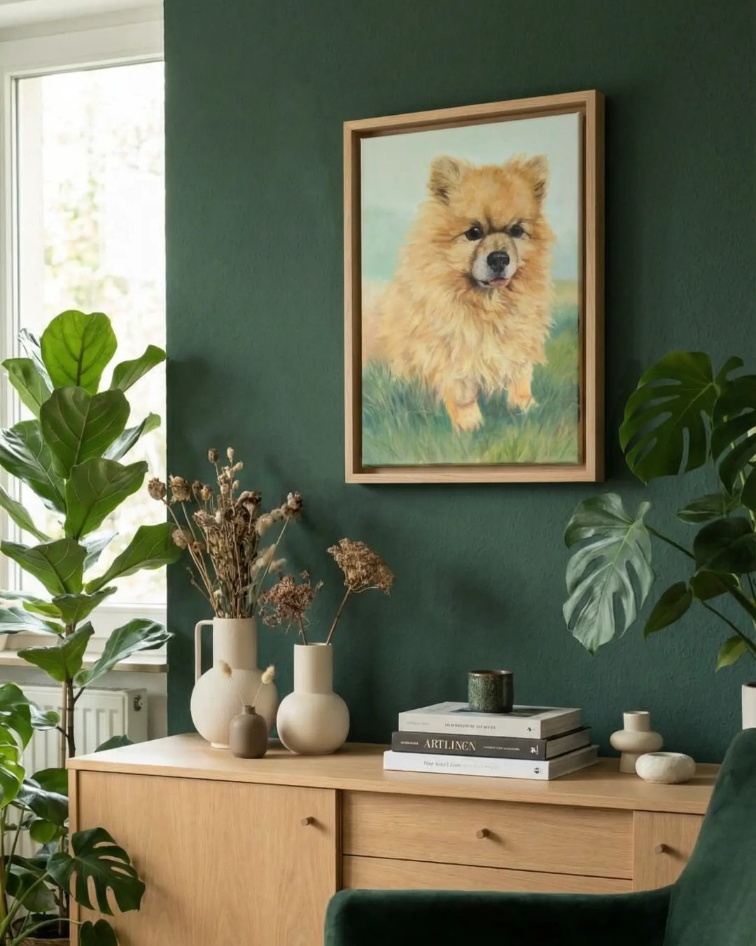 Ein gerahmtes Tierporträt, dass einen Hund zeigt, hängt an einer grünen Wand in modernem Wohnambiente.