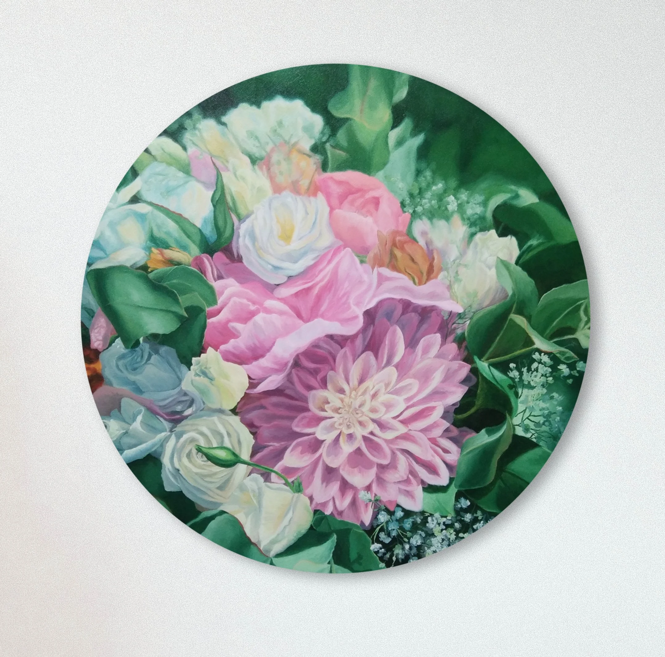 Brautstraußgemälde in Öl auf runder Leinwand