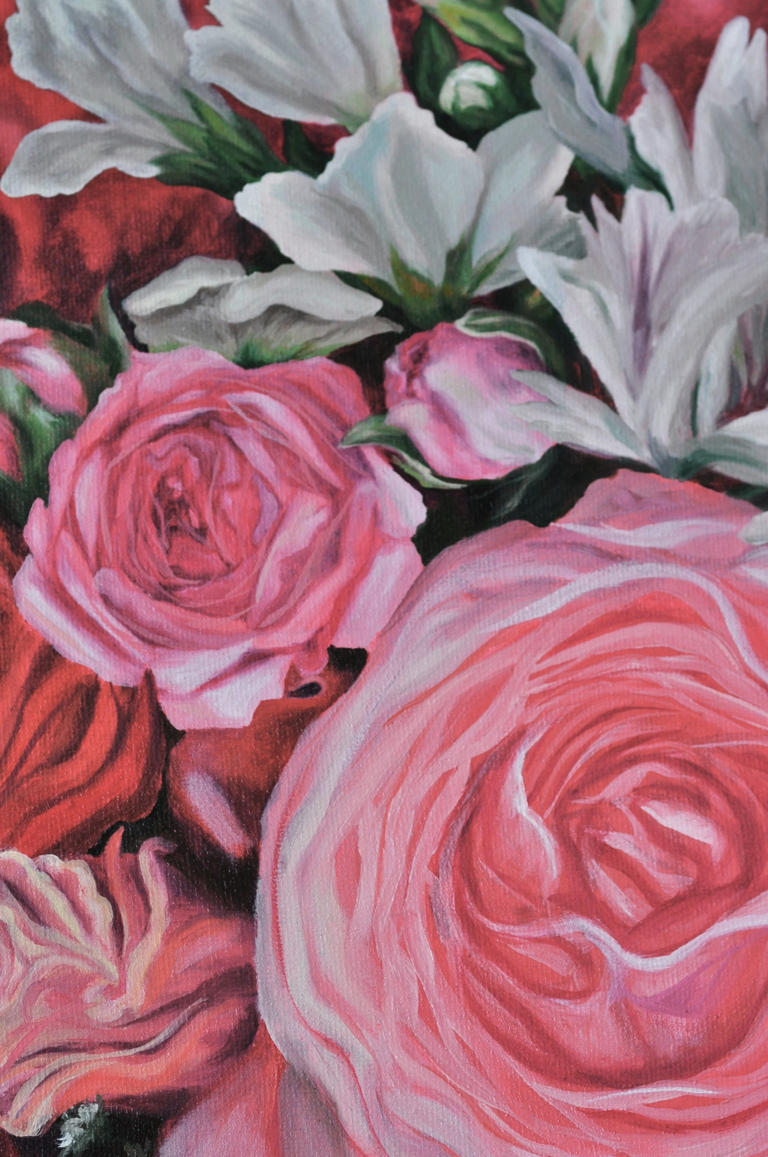 Detail eines gemalten Brautstraußes mit rosa Rosen und weißen Blüten