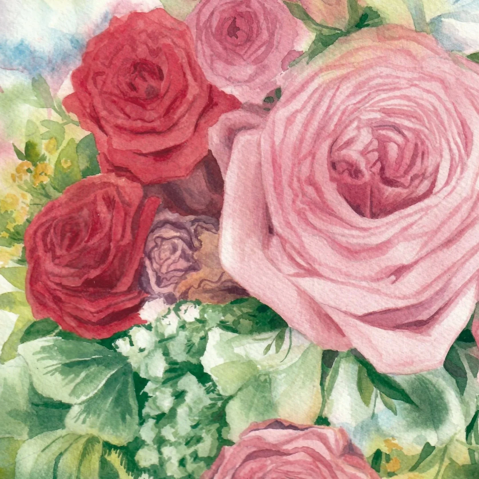 Detail eines handgemalten Brautstraußes als Hochzeitserinnerung in Aquarell. Zarte Blüten und Blätter sind sichtbar.