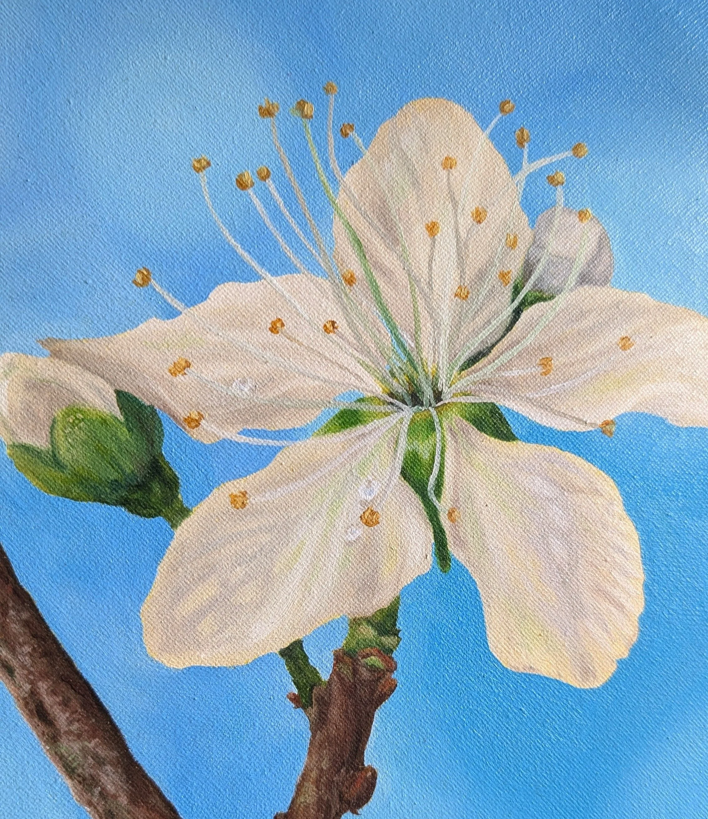 Detailaufnahme von dem Ölgemälde "Auf dem Weg" aus der Serie Hanami 2. Kirschblüte auf blauem Hintergrund