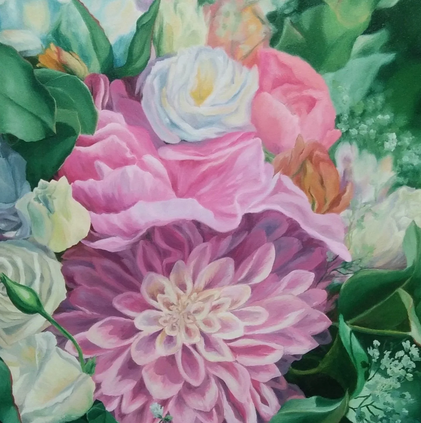 Detail eines gemalten Brautstraußes mit einer Dahlie und Rosen