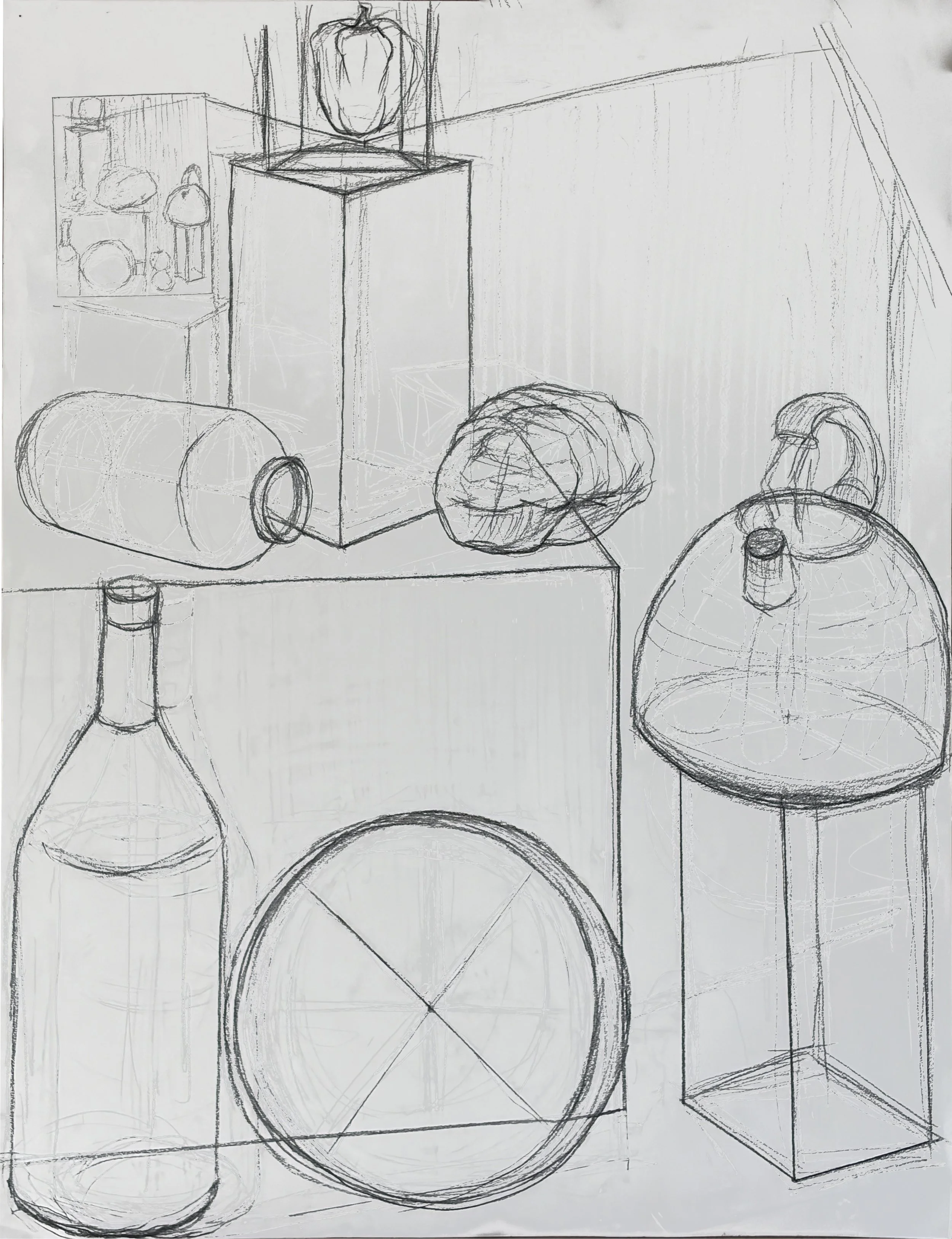 Title: Ordinary Mistake ----

This drawing comes from an assignment using only pencil to explore various geometric forms. Unable to rely on charcoal, which I usually use to organize space and tone, I corrected lines repeatedly, leaving the surface de