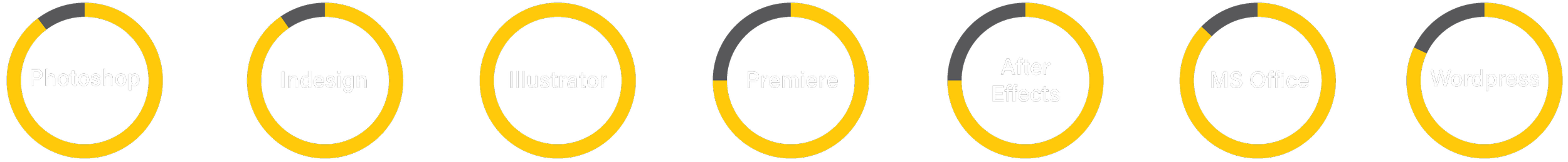 Circular graphic icons with gold borders, each labeled with different software tools: Photoshop, InDesign, Illustrator, Premiere, After Effects, MS Office, Wordpress.