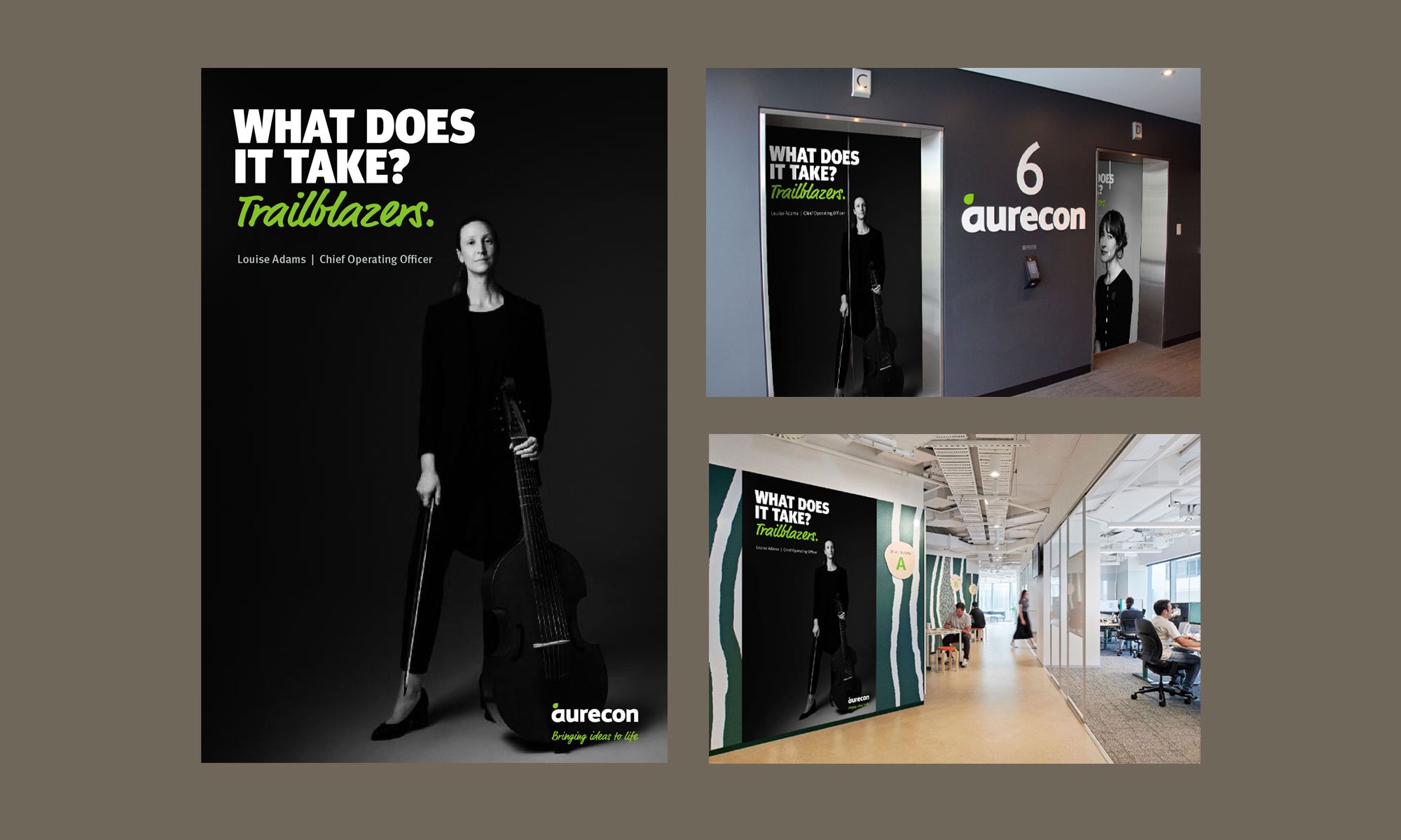 Proposed internal 'hero' posters for offices featuring Aurecon staff. (these samples done by another senior designer)