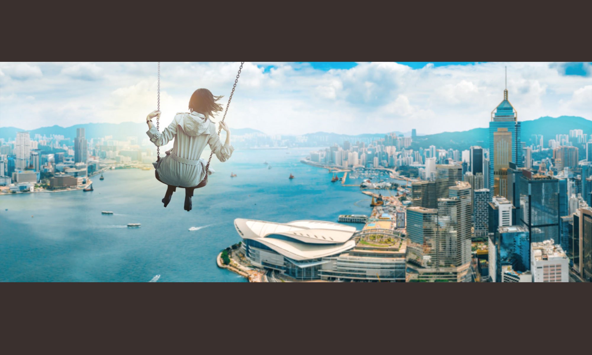 Hong Kong office girl on a swing corporate image