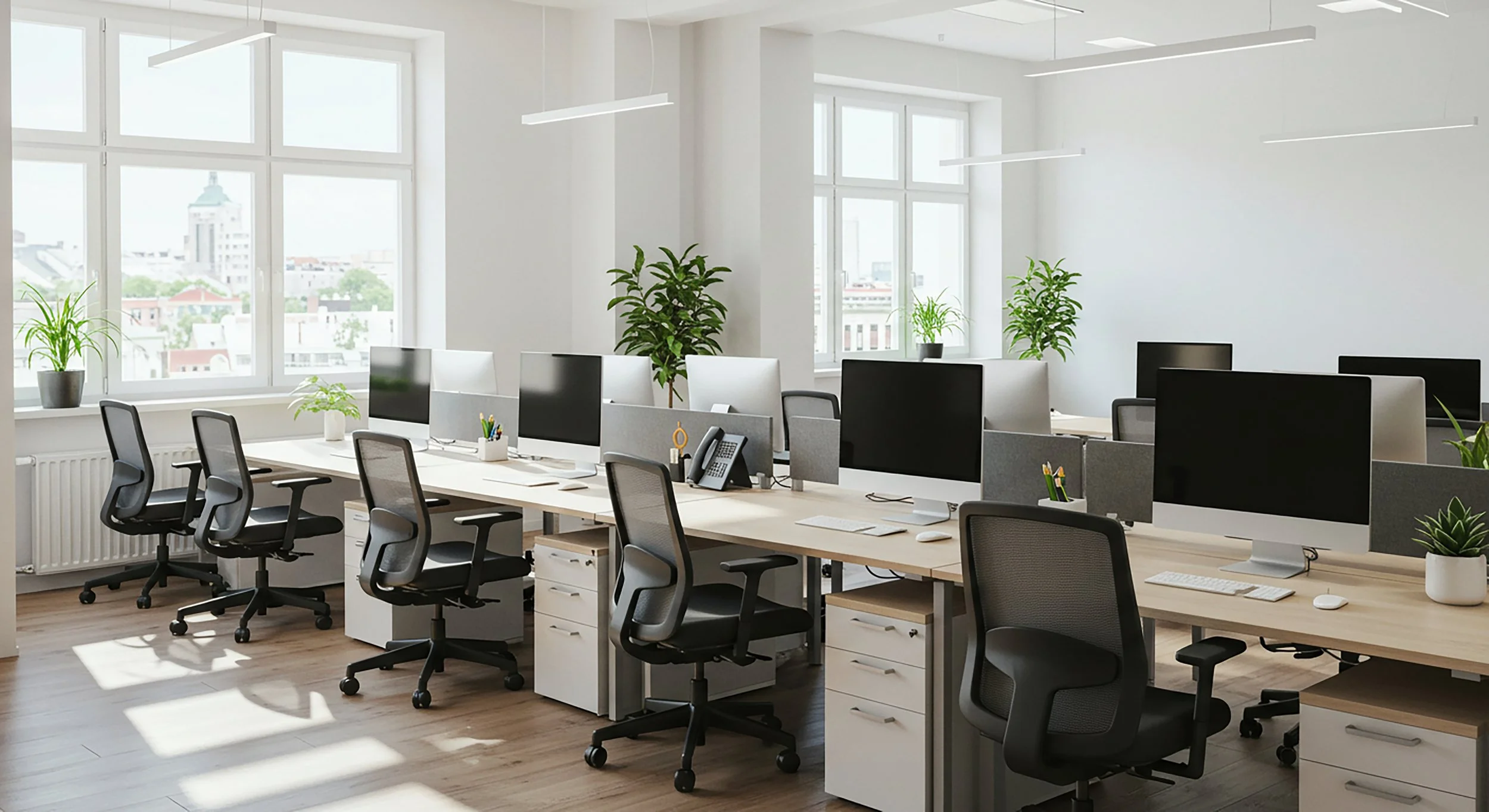 Modern open-plan office with white desks, black and white office chairs, multiple computer monitors, potted plants by large windows, and cityscape views.