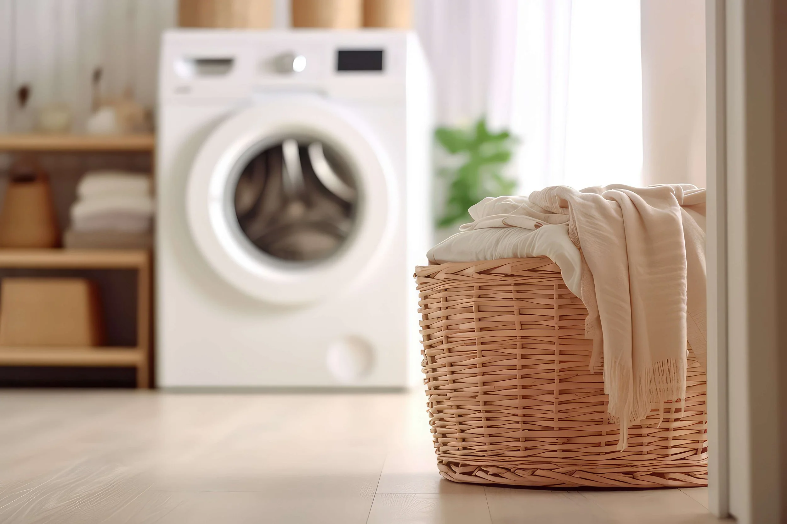 A laundry basket with a blanket or towel inside, positioned on a light-colored floor near a laundry room with a washing machine and some shelves.