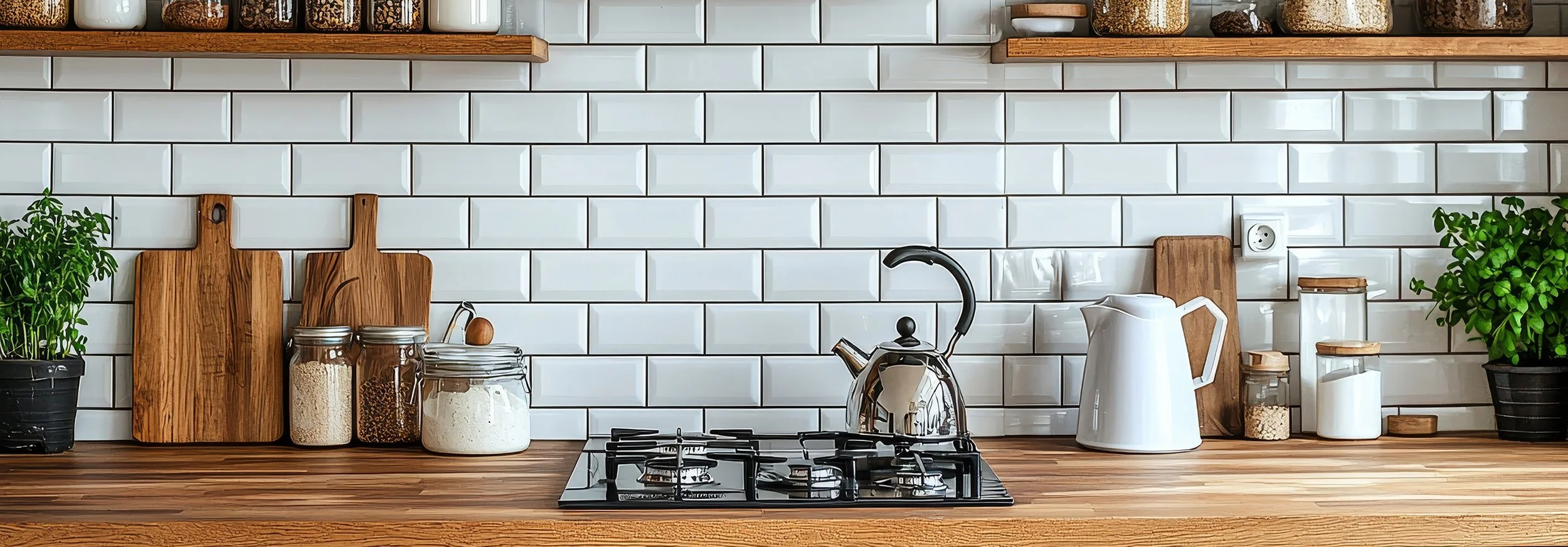 Kitchen countertop with potted plants, wooden cutting boards, jars of spices, a kettle, a white pitcher, and a cutting board against a white subway tile backsplash.