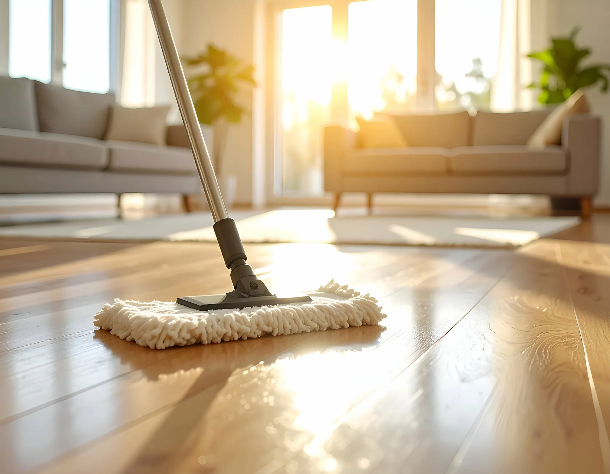 A mop with a white, textured mop head on a wooden floor, illuminated by sunlight streaming through a large window, with living room furniture and green plants in the background.