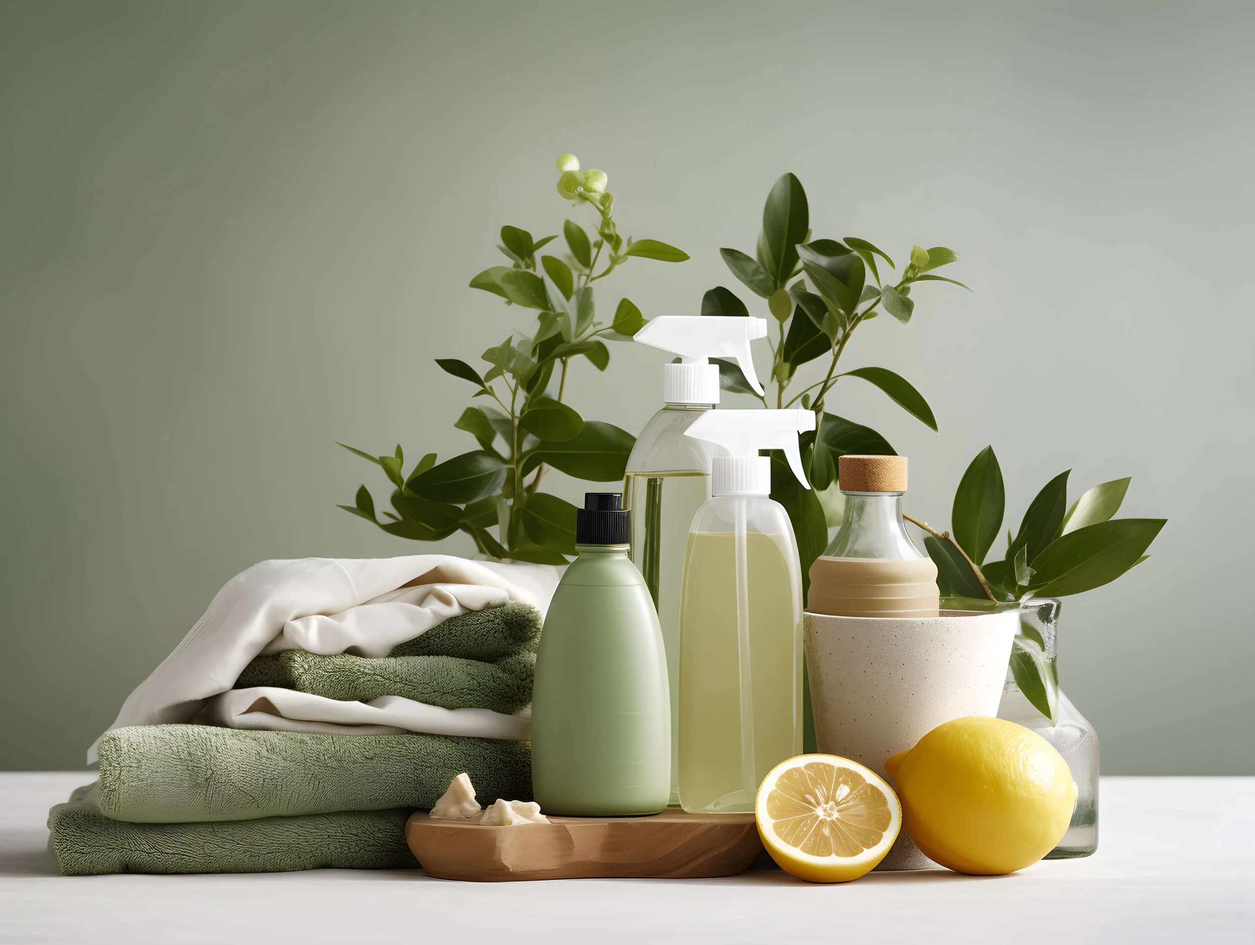 A collection of cleaning supplies and fresh lemons with lemon slices, along with green plants, set on a tray and stacked towels against a green wall background.