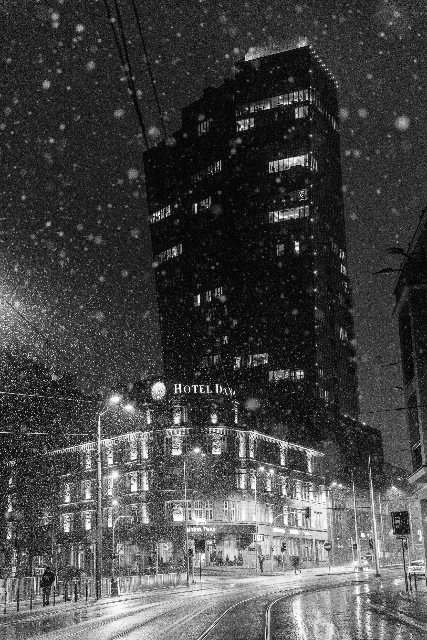 Hotel Dana and Hanza Tower during heavy snowfall, Szczecin, Poland, December 14, 2024
