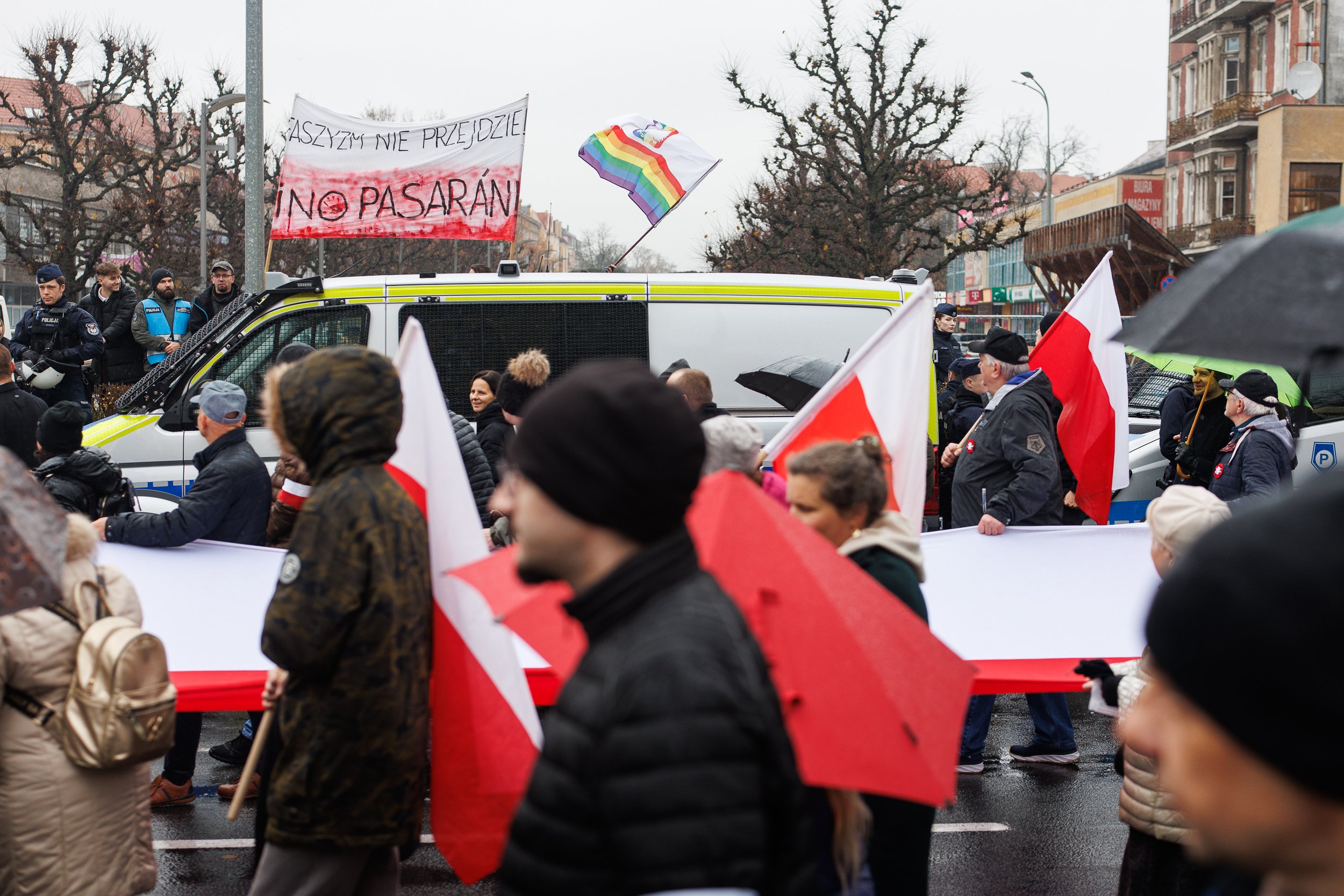 Kontrmanifestacja na Marszu Niepodległości, Szczecin, Polska, 11 listopada 2025.