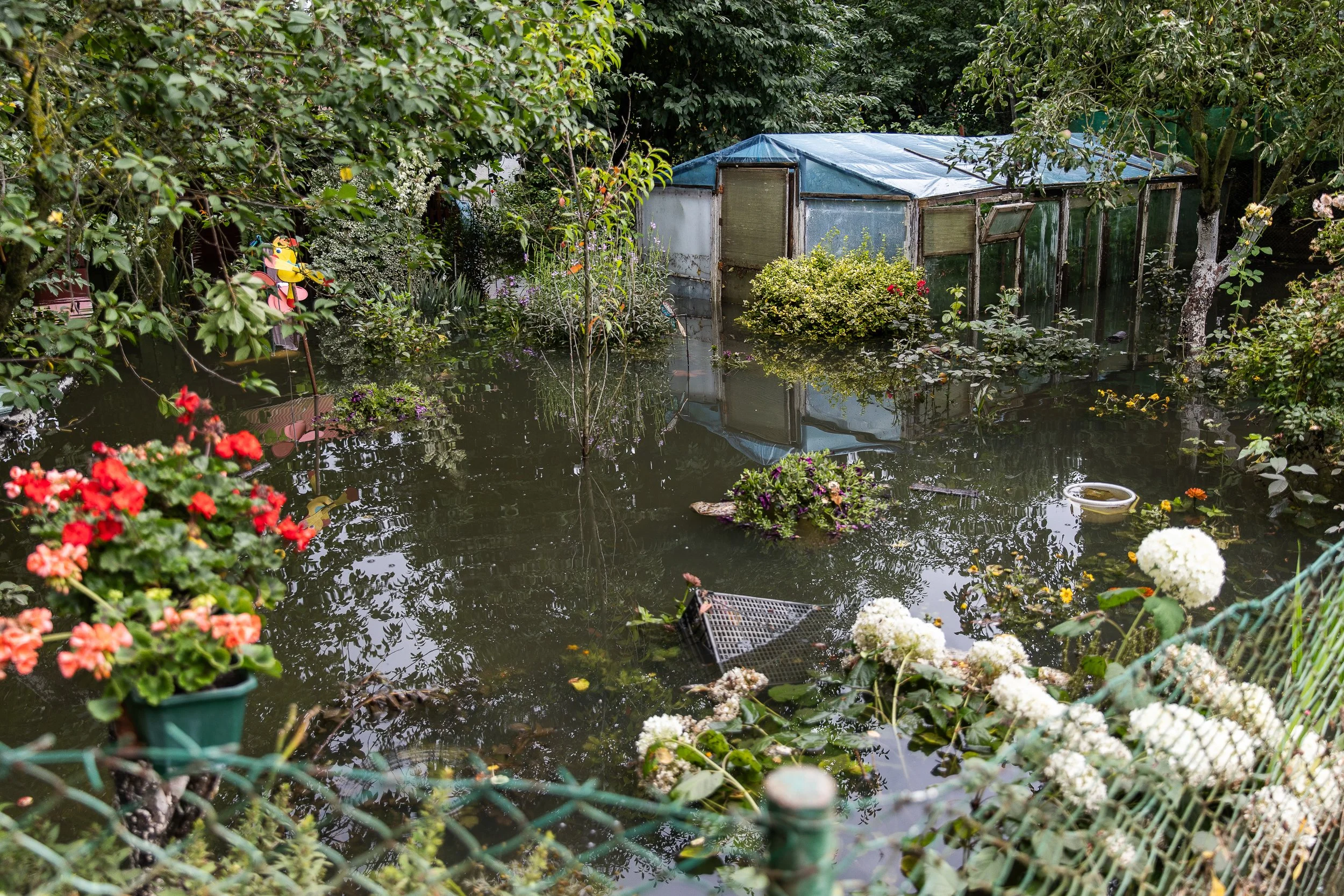 Górki Ustowskie (allotment garden sector 3), which was flooded after heavy rainfall. Flooding has been recurring regularly for years, and is partly due to changes intended to protect another street (Derdowskiego) from flooding, Ustowo, Poland, July 2