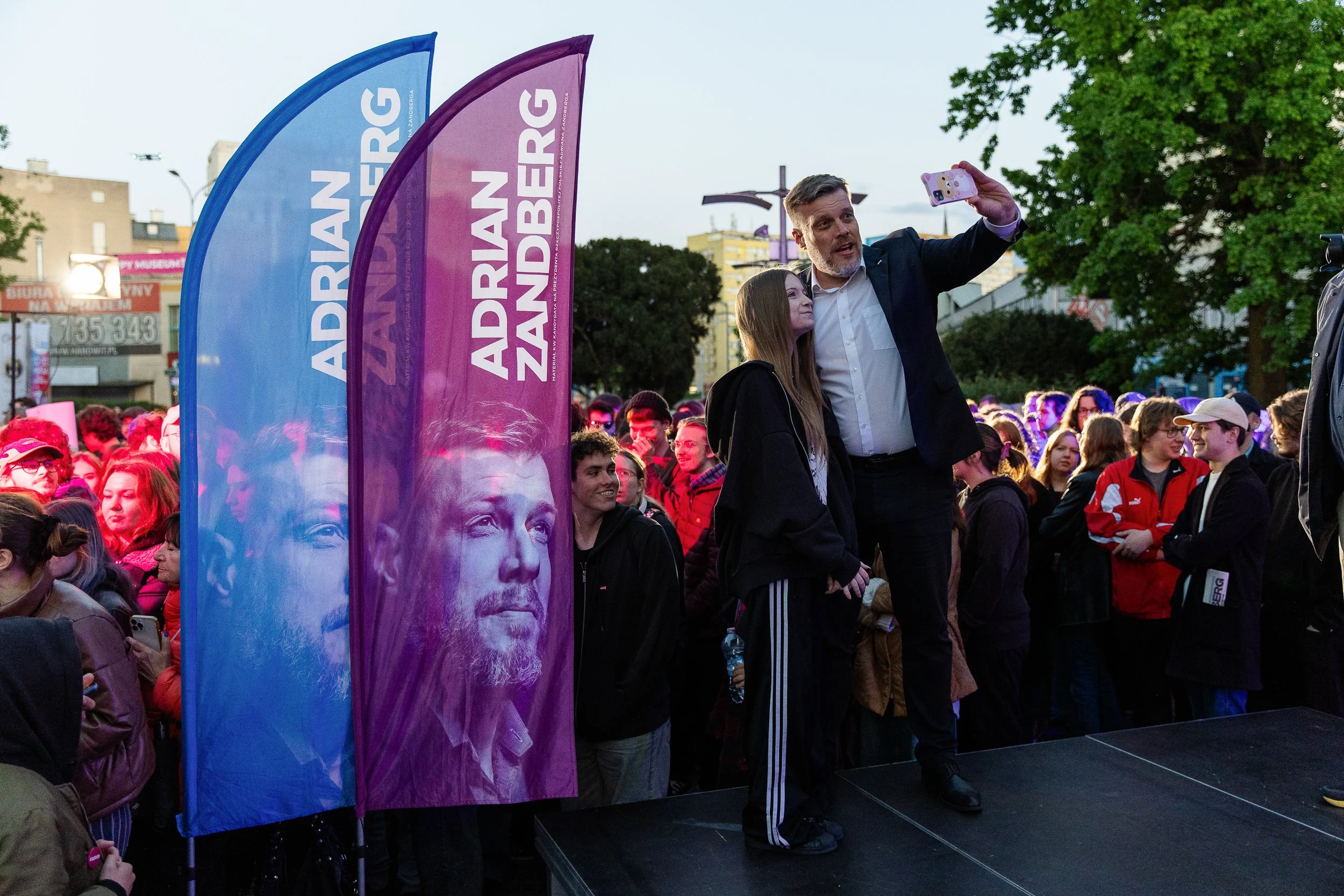 Rally of the presidential candidate Adrian Zandberg, during which he met with voters and took group photos at the end, Lotników Square, Szczecin, Poland, May 4, 2025