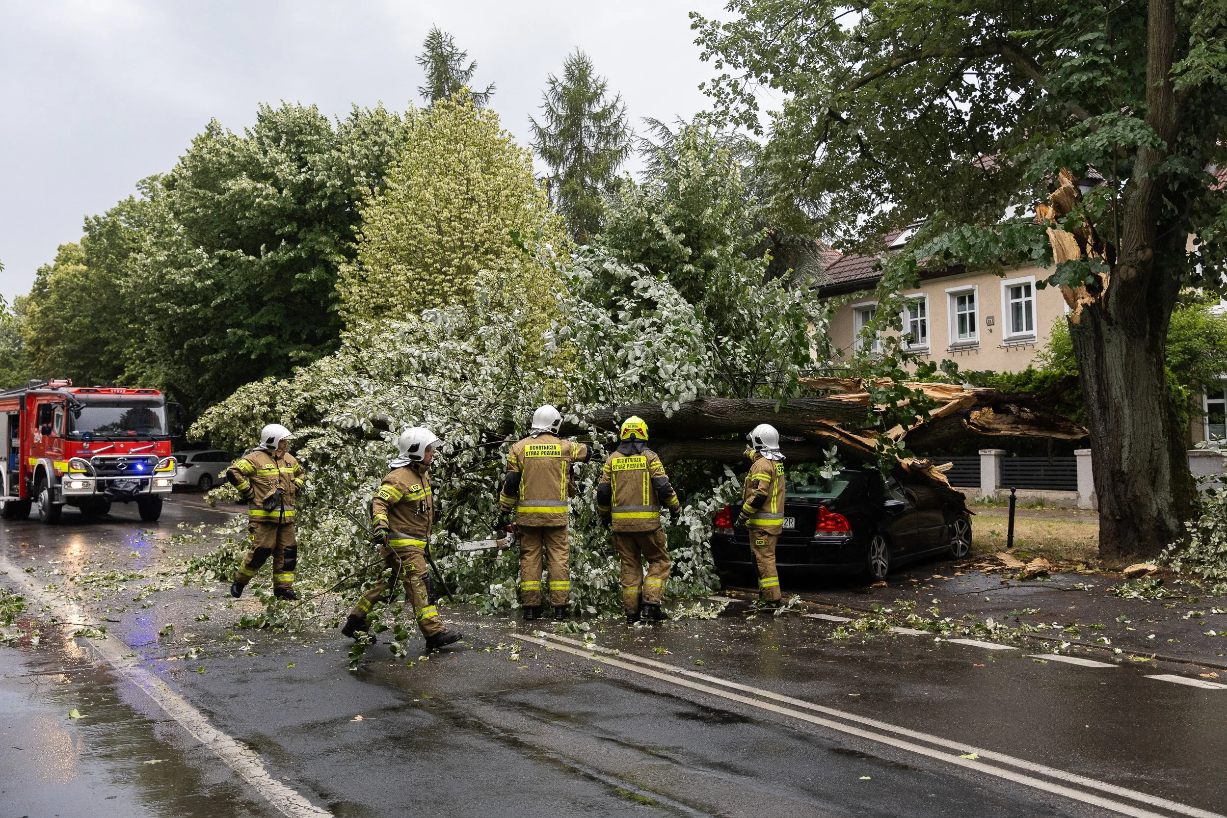 Firefighters responding to the effects of a storm on Monte Cassino Street, Szczecin, Poland, June 23, 2025