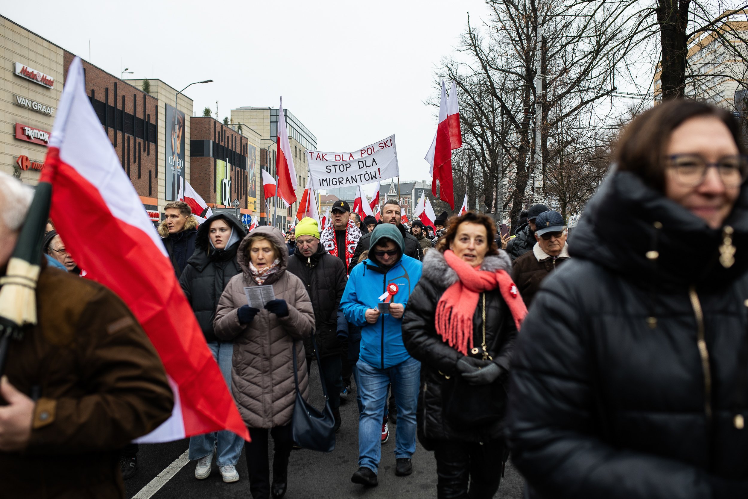 Banner with the slogan "Yes to Poland, stop to immigrants!", Independence March, Szczecin, Poland, November 11, 2024