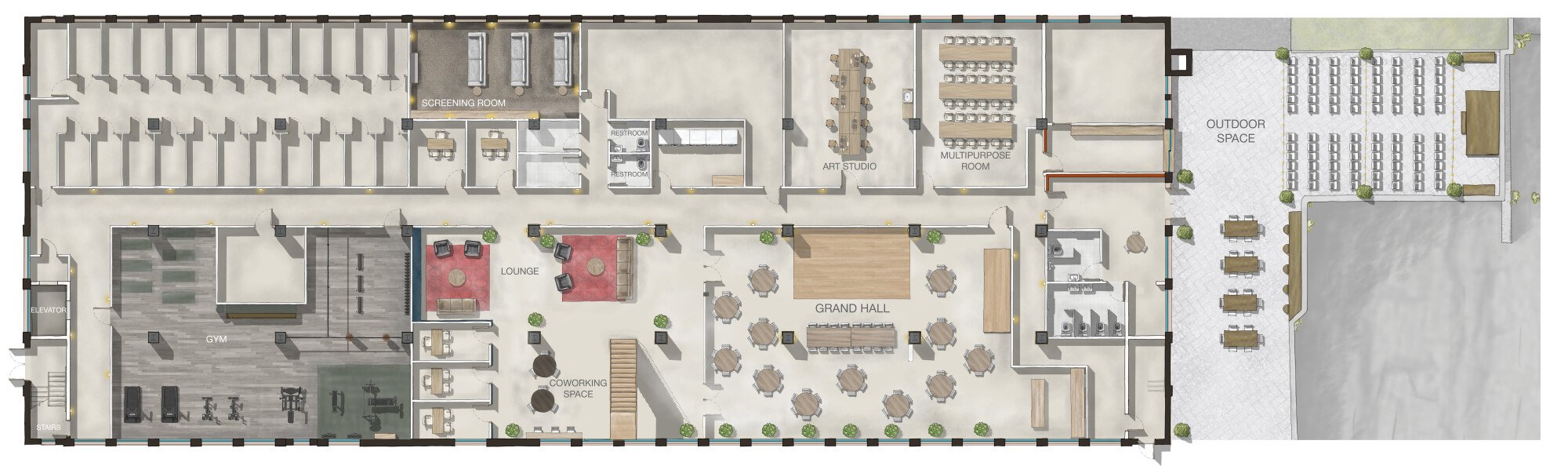 Illustrated basement amenities map of The Spinning mill showing the gym, co-working space, lounge, grand hall, art studio, screening room, multipurpose room, restaurant, restrooms, elevator, and outdoor space.