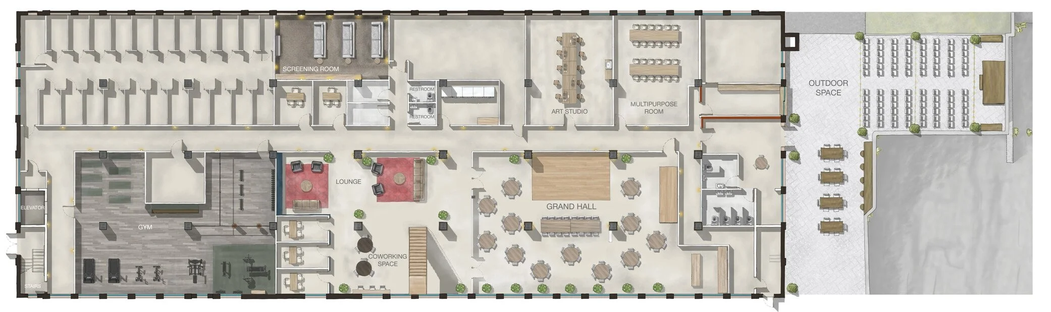Illustrated basement amenities map of The Spinning mill showing the gym, co-working space, lounge, grand hall, art studio, screening room, multipurpose room, restaurant, restrooms, elevator, and outdoor space.
