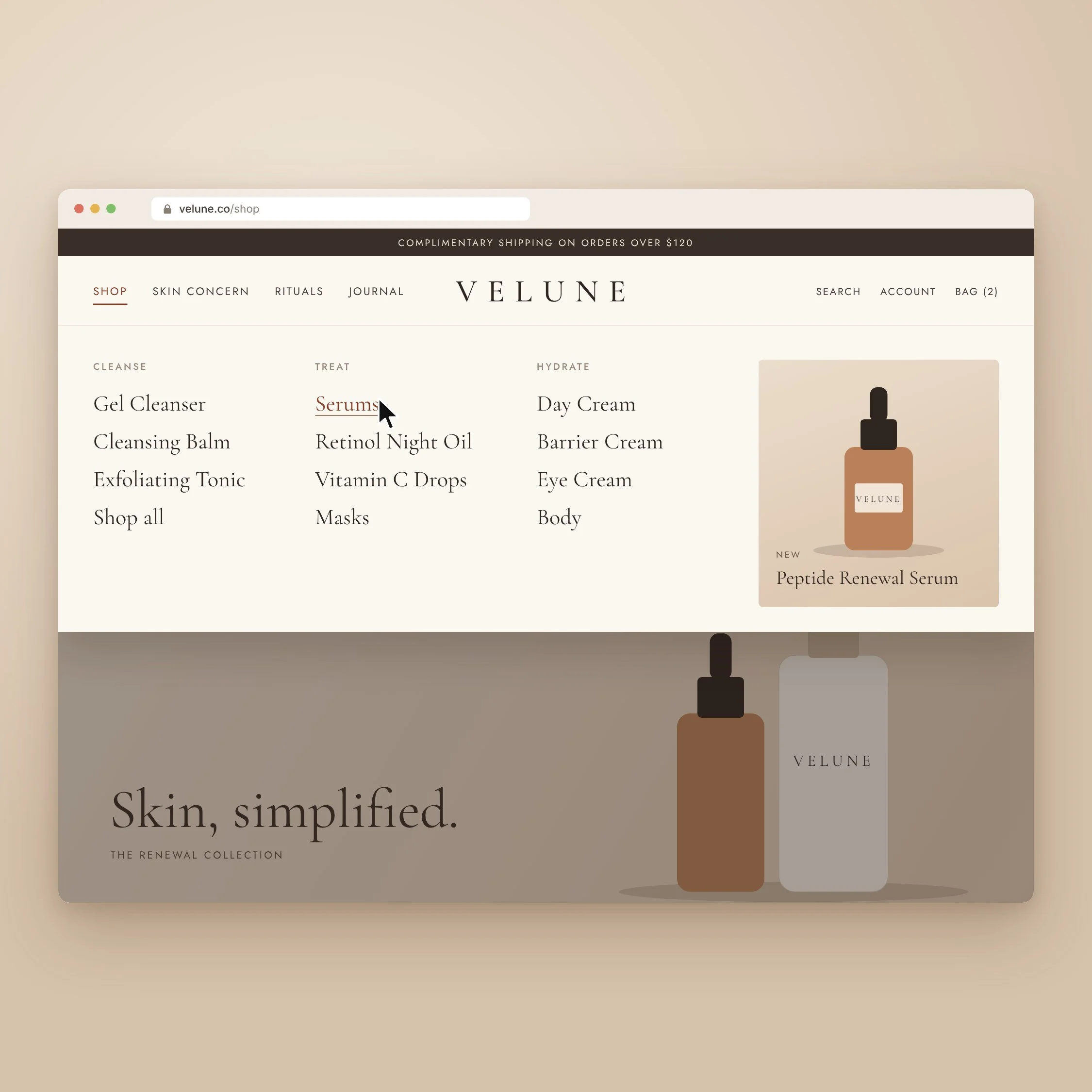 Website audit of a luxury skincare site, with the cursor hovering over the navigation menu.