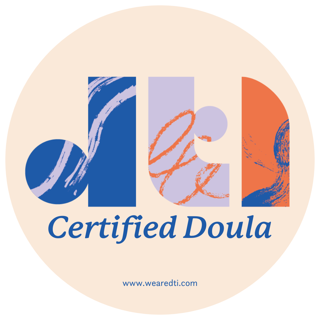 A circular logo with the word 'deli' in large, colorful, artistic letters, and the words 'Certified Doula' below it. The logo includes a website URL, www.wearedti.com.