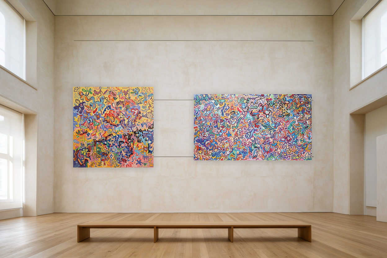 Yellow World 120 x 120 cm € 3900 
Happy Chaos 100 x 180 cm € 3600