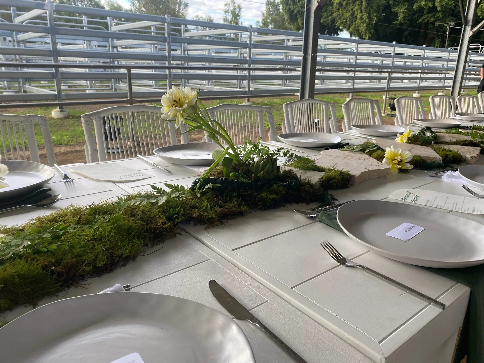 A table set for an outdoor event with white plates, forks, and knives. The centerpiece is a moss and greenery arrangement with yellow and white flowers. Empty white chairs are arranged around the table, and a metal bleacher is visible in the backgrou