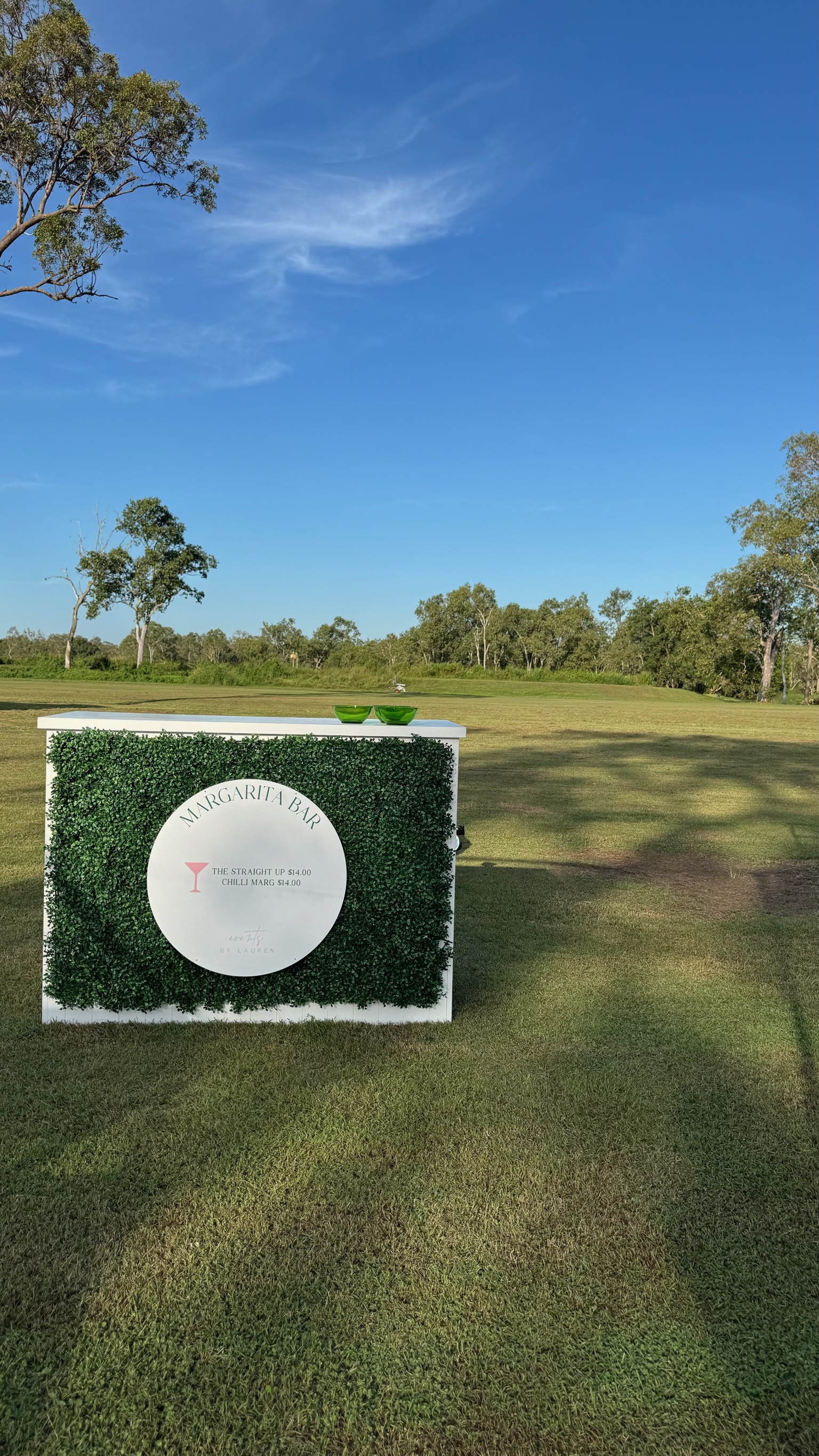 An outdoor scene with a green hedge wall bar titled 'Margarita Bar' on a lawn, with blue sky and scattered clouds above, and trees in the background. Two green bowls are on the bar counter.