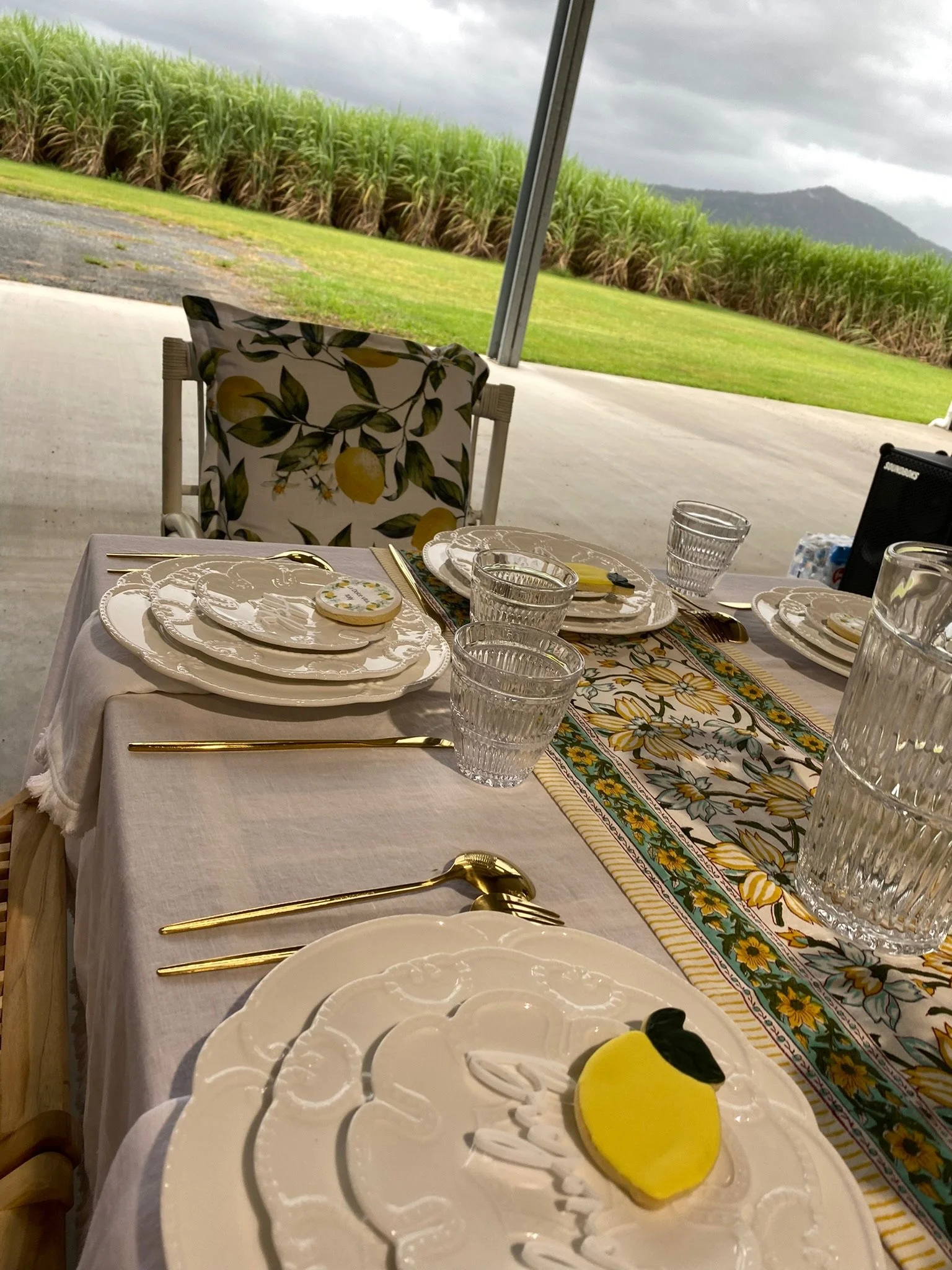 A table set for a meal with white decorative plates, gold utensils, clear glasses, and a lemon-themed cookie with a yellow lemon shape and green leaf, on a table runner with a lemon pattern. The background shows a grassy field, sugarcane plants, and 