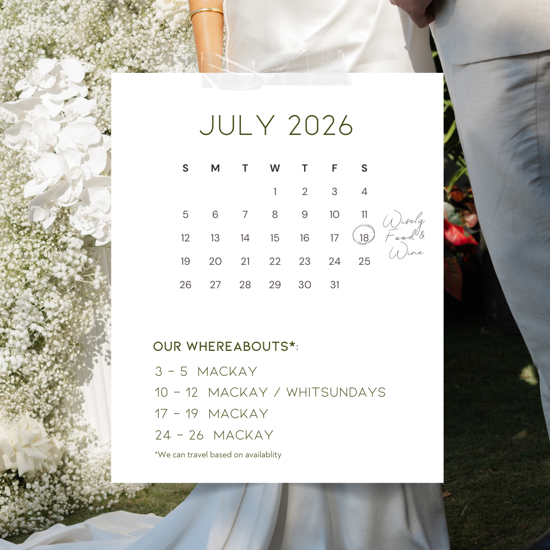 July 2026 wedding calendar overlay on a background of white floral arrangements and wedding attire.