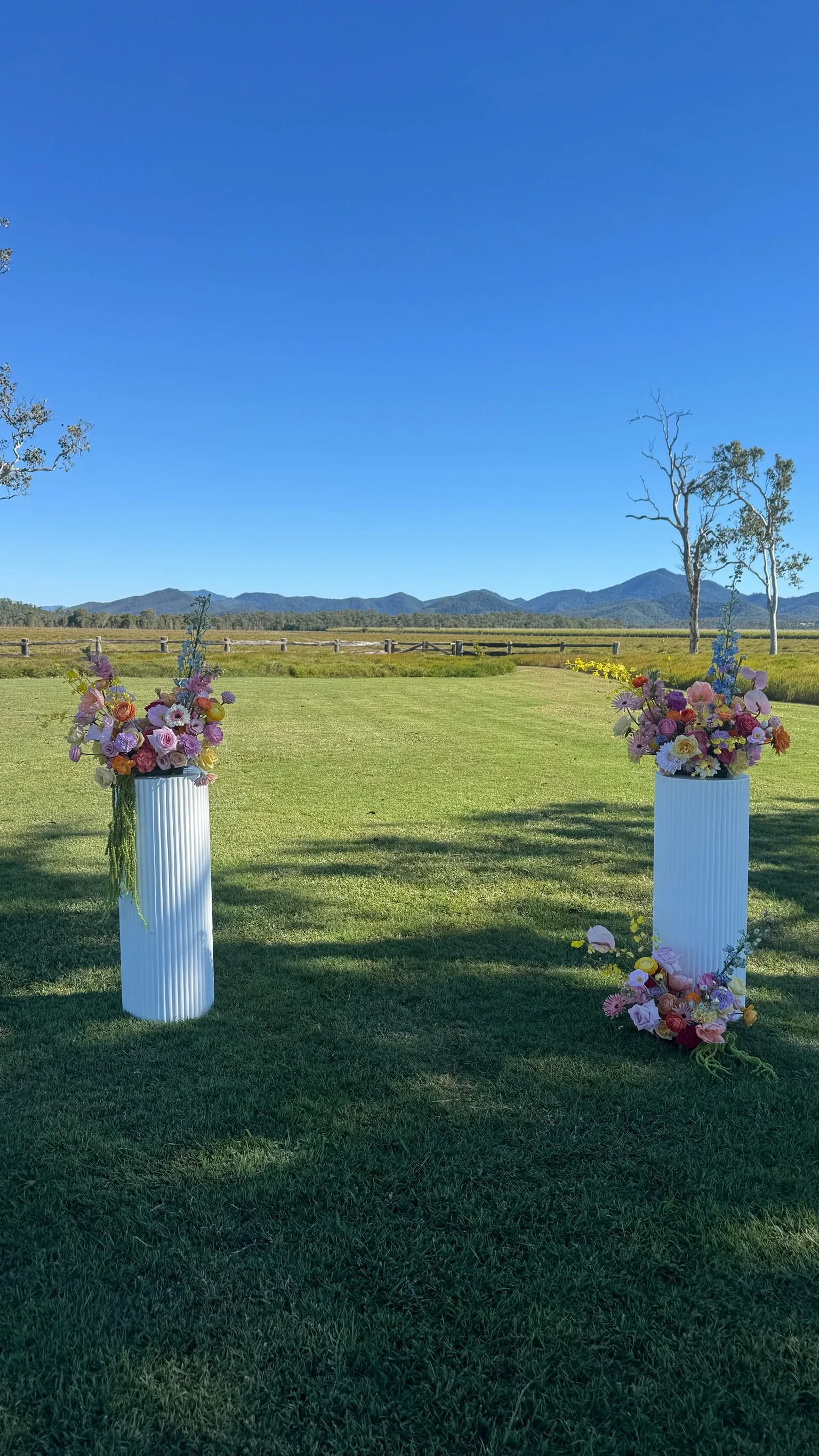 Two tall white vases filled with colorful flowers on a grass field, with a mountain range, a clear blue sky, and a few trees in the background.